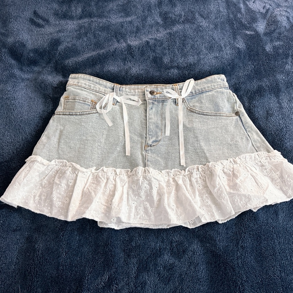 Sweet Society Denim Mini Skirt with White Ruffle